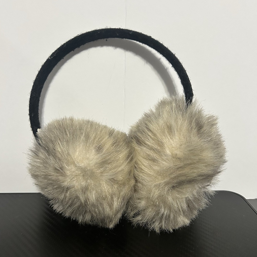 Women's Fox Faux Fur with Black Band‎ Earmuffs (O/S, Beige, Black)
